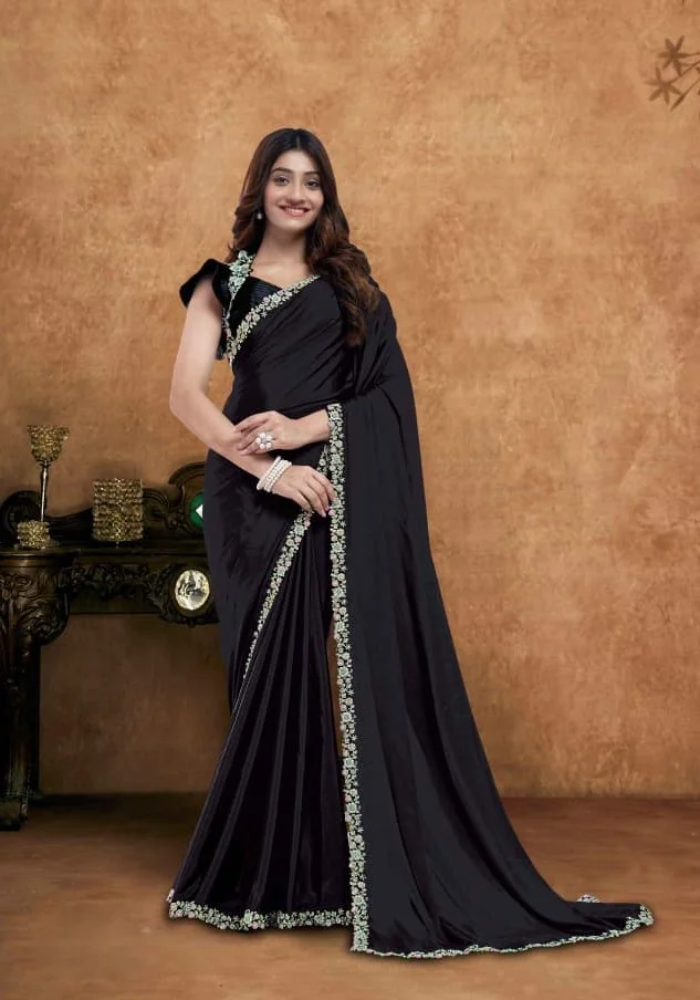 Classic Black Saree with Contrast Border – Black